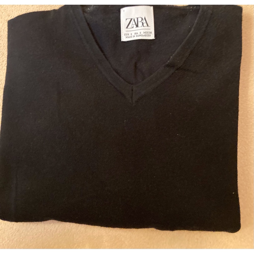 Zara Man charcoal ultra soft cotton blend banded V-neck sweater ribbed cuffs/hem